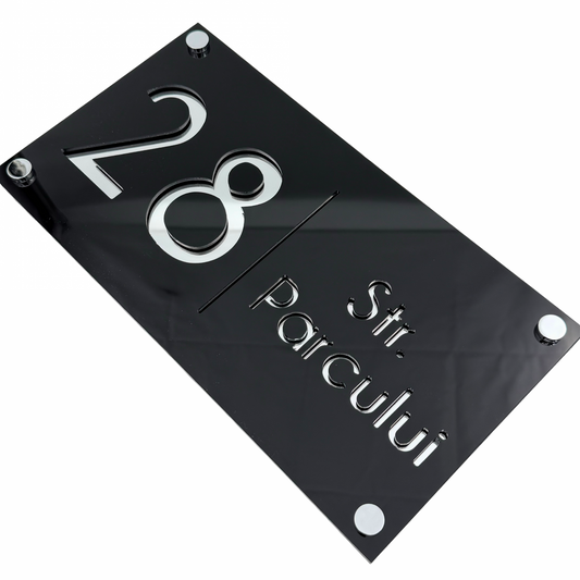 PREMIUM HOUSE NUMBER - Glossy Black Silver Mirror 4 Spacers Silver - 28×15 cm