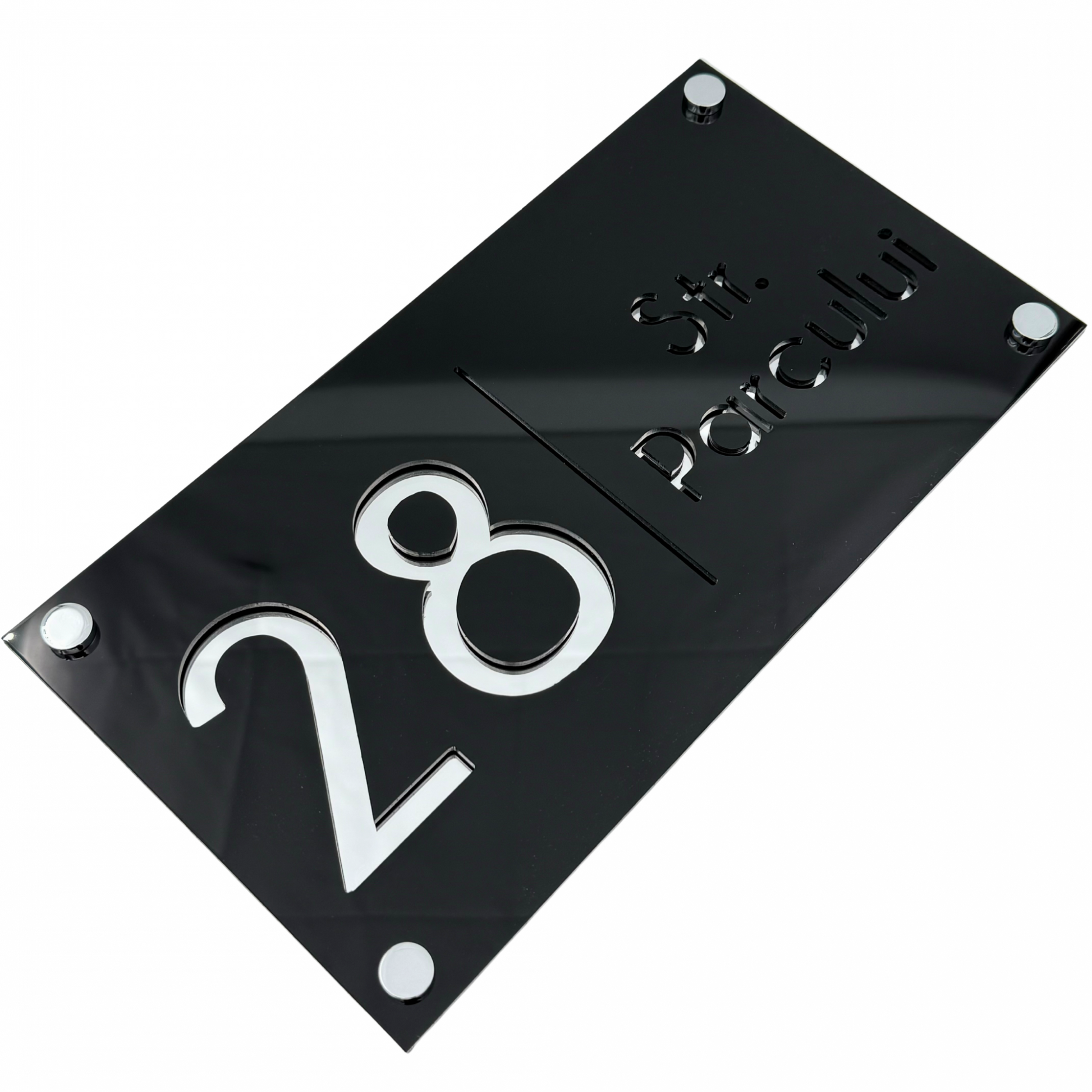 PREMIUM HOUSE NUMBER - Glossy Black Silver Mirror 4 Spacers Silver - 28×15 cm