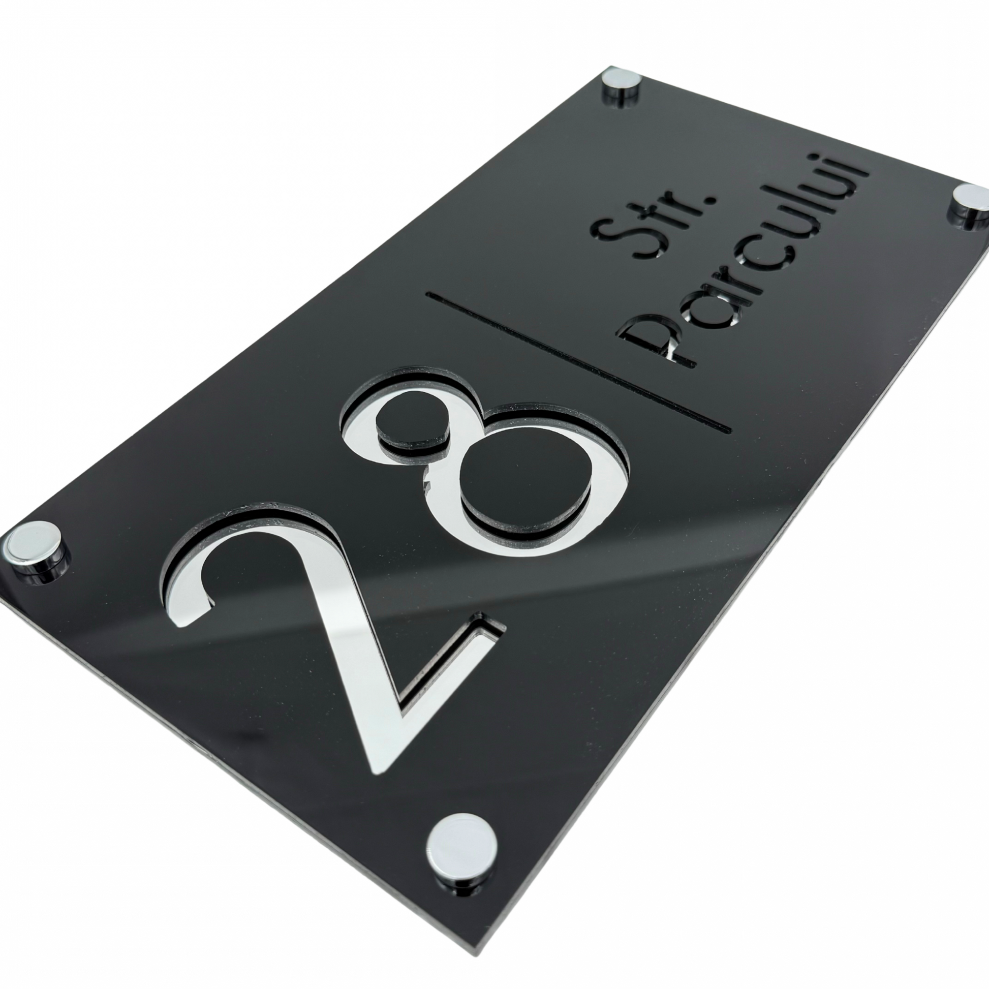 PREMIUM HOUSE NUMBER - Glossy Black Silver Mirror 4 Spacers Silver - 28×15 cm