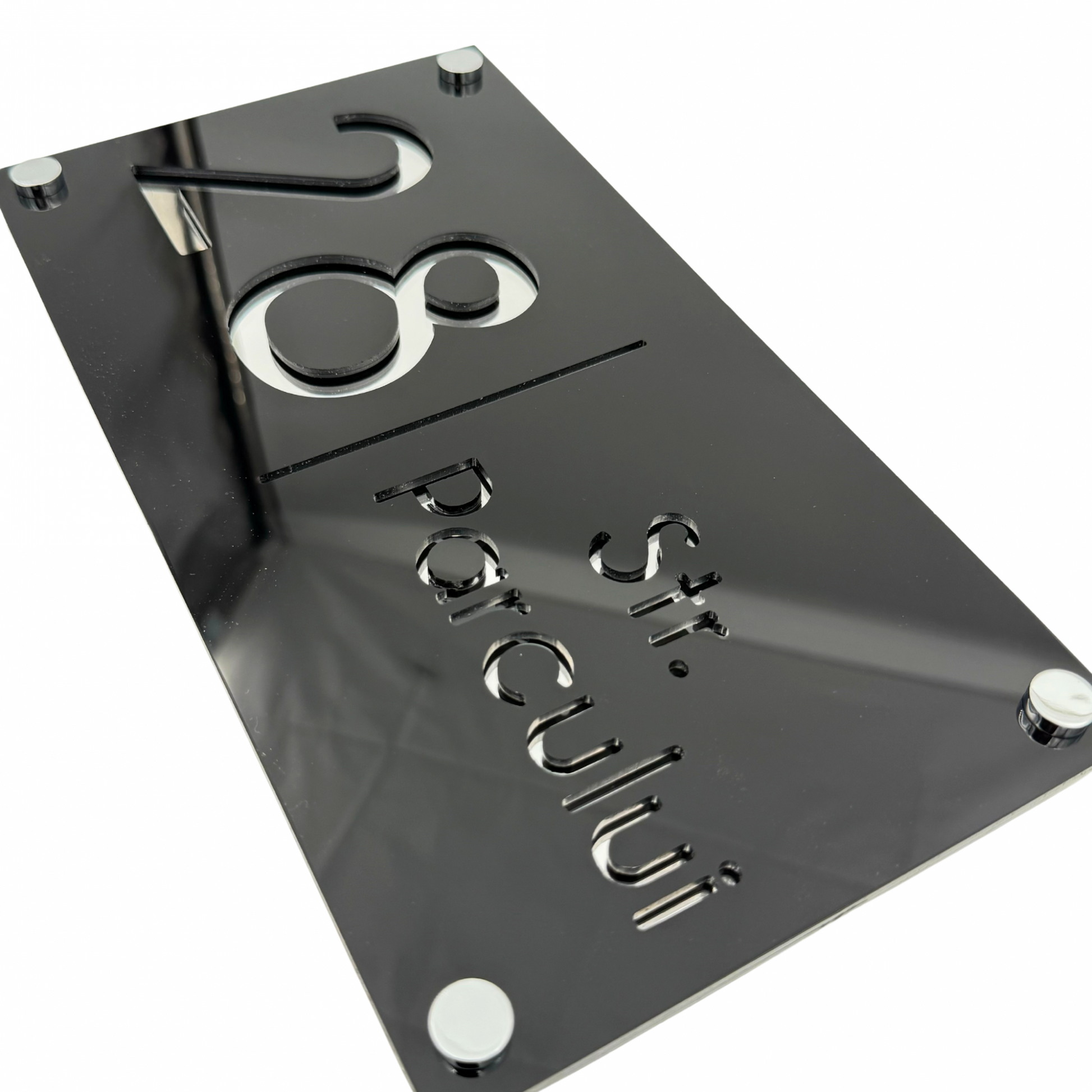 PREMIUM HOUSE NUMBER - Glossy Black Silver Mirror 4 Spacers Silver - 28×15 cm