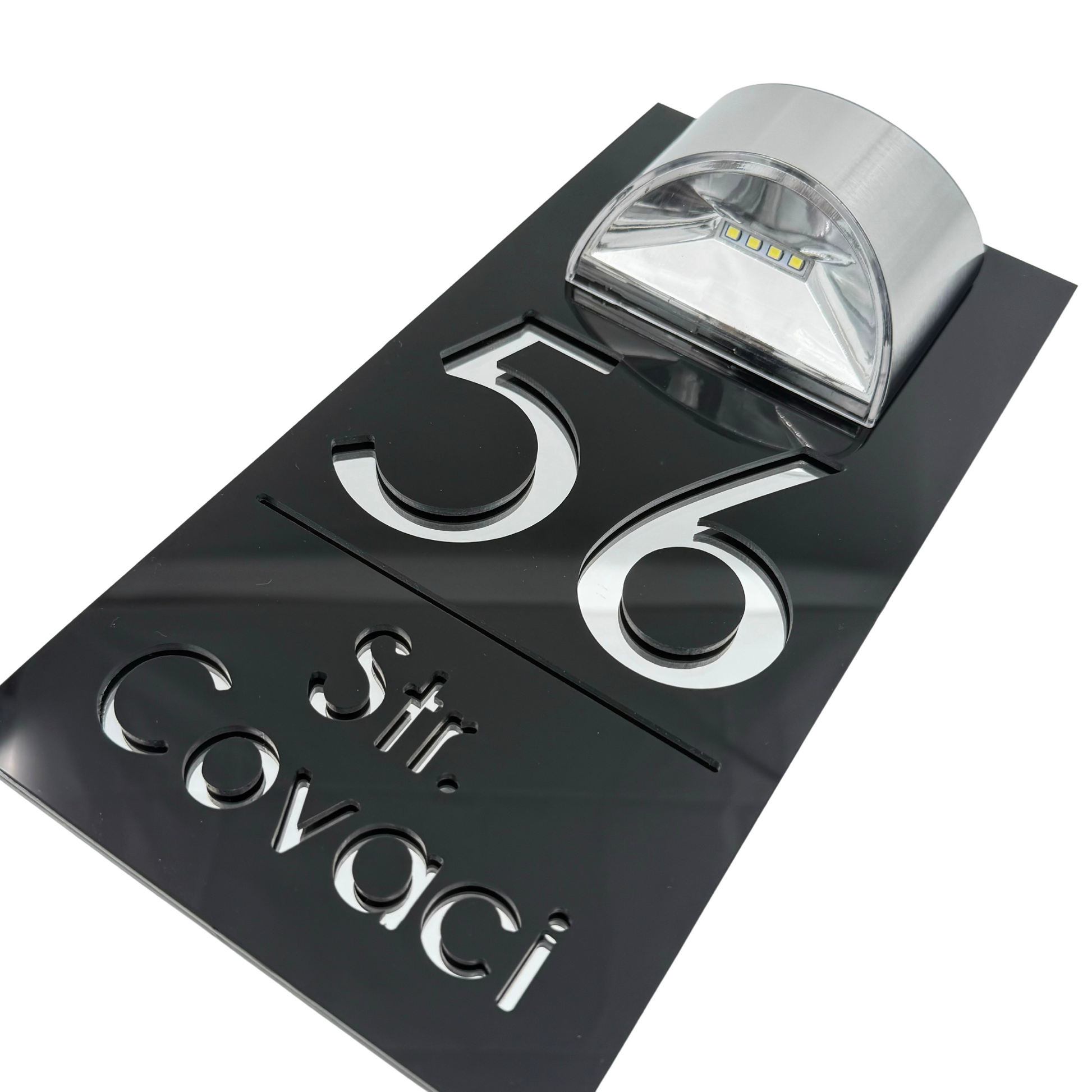 PREMIUM HOUSE NUMBER - Glossy Black Silver Mirror Lampa Solara - 30×15 cm