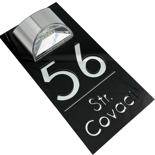 PREMIUM HOUSE NUMBER - Glossy Black Silver Mirror Lampa Solara - 30×15 cm