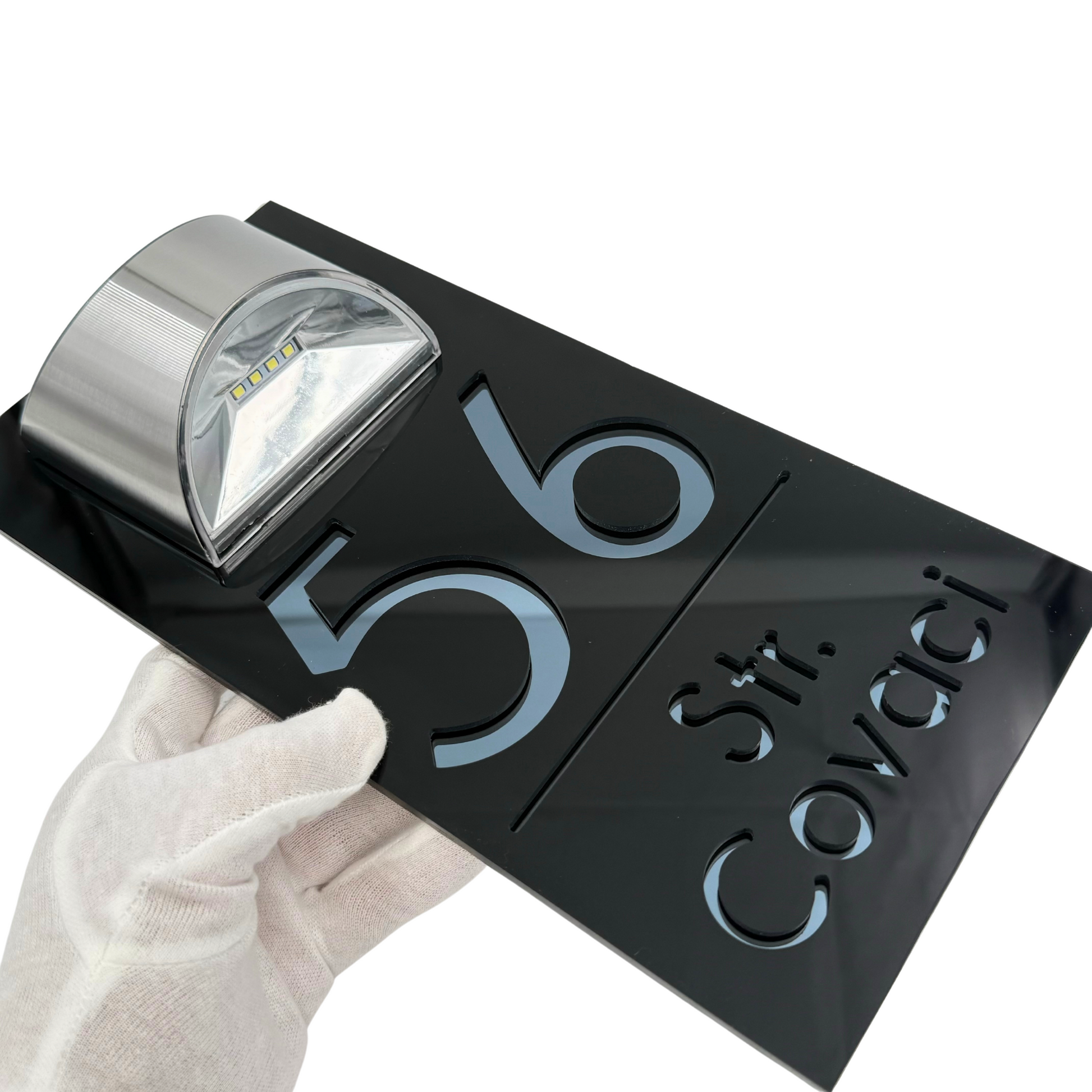 PREMIUM HOUSE NUMBER - Glossy Black Anthracite Grey Mirror Lampa Solara - 30×15 cm