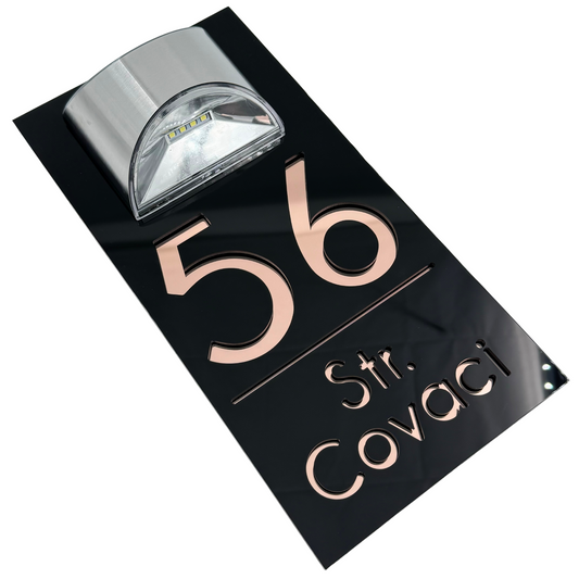 PREMIUM HOUSE NUMBER - Glossy Black Rose Gold Mirror Lampa Solara - 30×15 cm