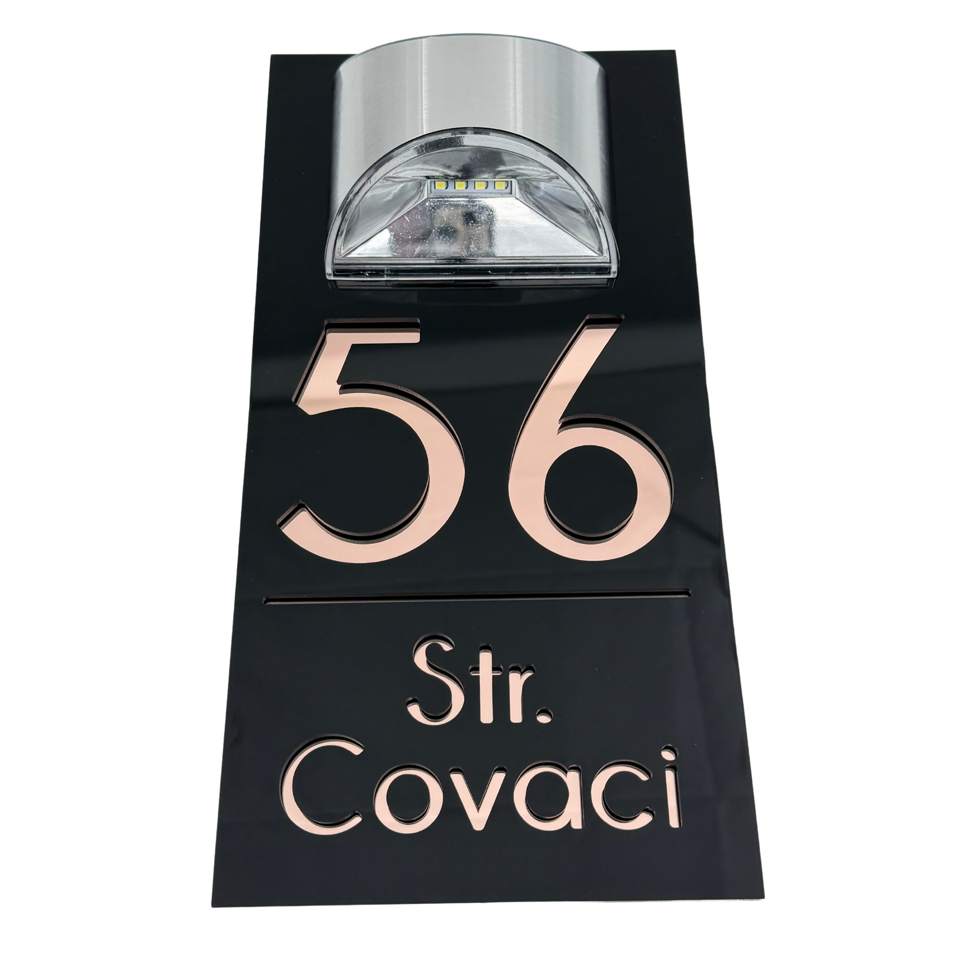 PREMIUM HOUSE NUMBER - Glossy Black Rose Gold Mirror Lampa Solara - 30×15 cm