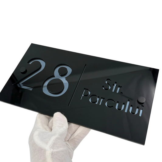 PREMIUM HOUSE NUMBER - Glossy Black Anthracite Grey Mirror 2 Spacers NeGreyi - 28×15 cm