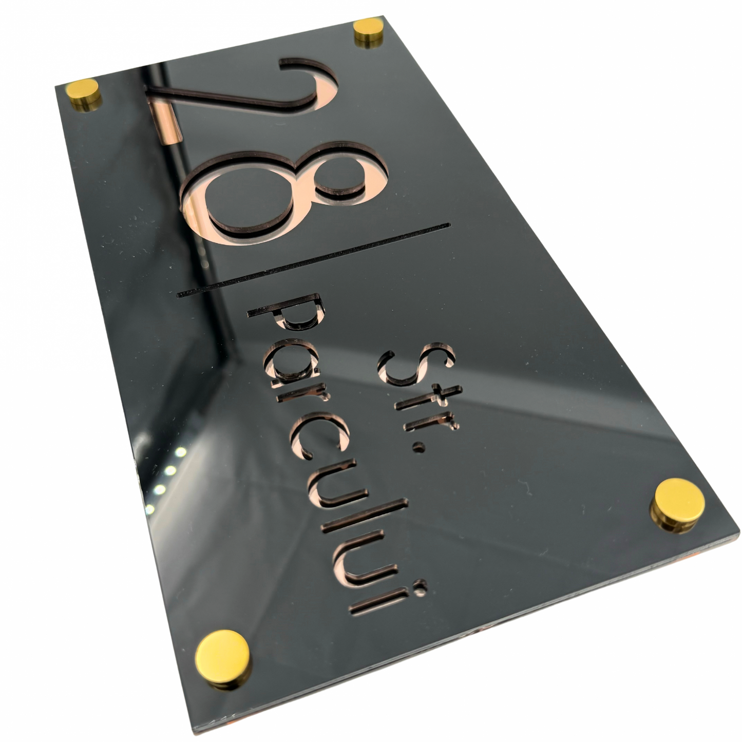 PREMIUM HOUSE NUMBER - Glossy Black Rose Gold Mirror 4 Spacers Gold - 28×15 cm