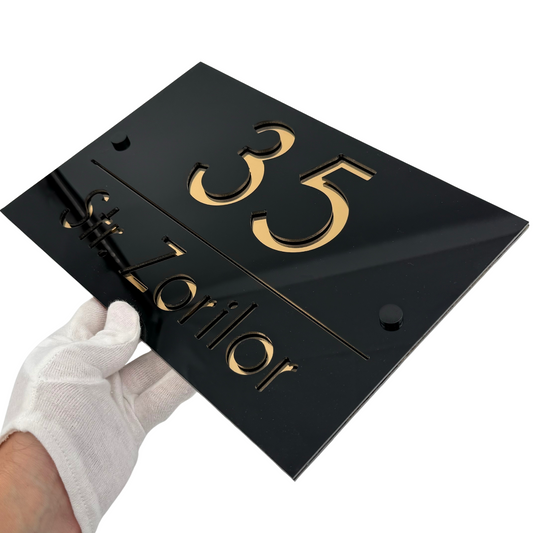 PREMIUM HOUSE NUMBER - Glossy Black Gold Mirror 2 Spacers NeGreyi - 30×20 cm
