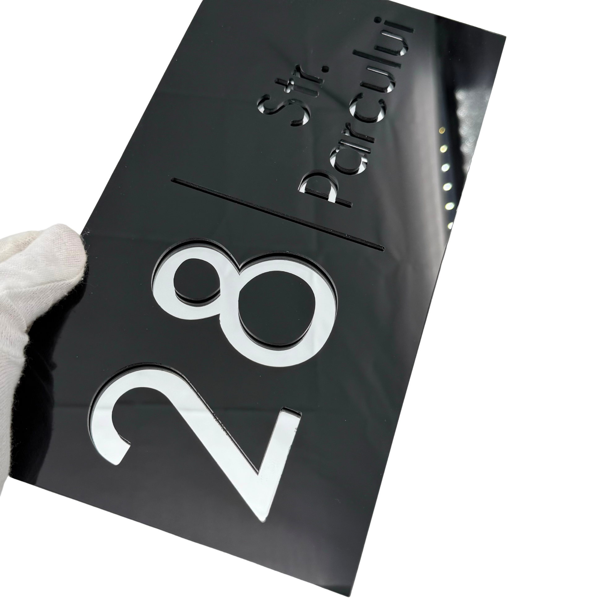 PREMIUM HOUSE NUMBER - Glossy Black Silver Mirror - 28×15 cm