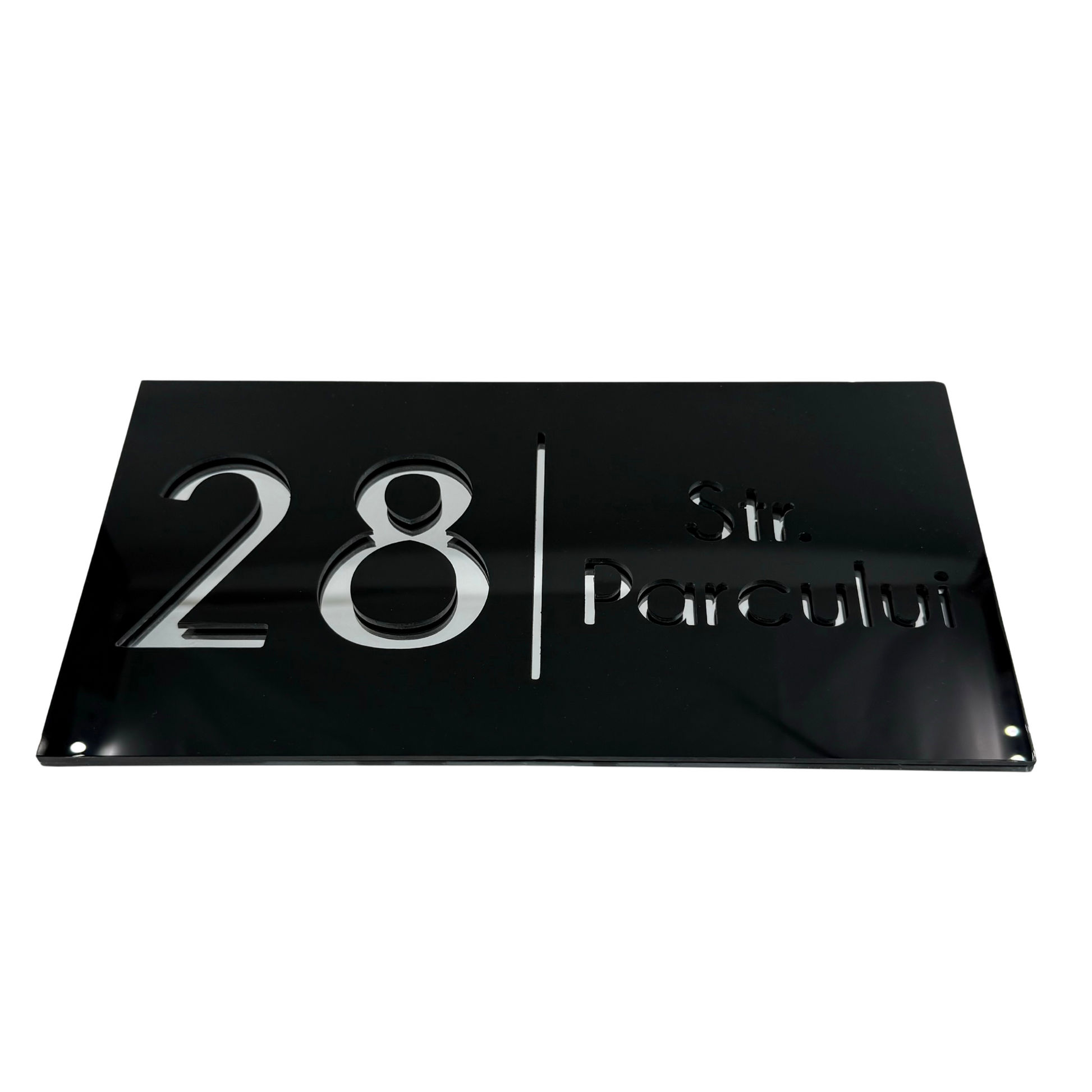 PREMIUM HOUSE NUMBER - Glossy Black Silver Mirror - 28×15 cm