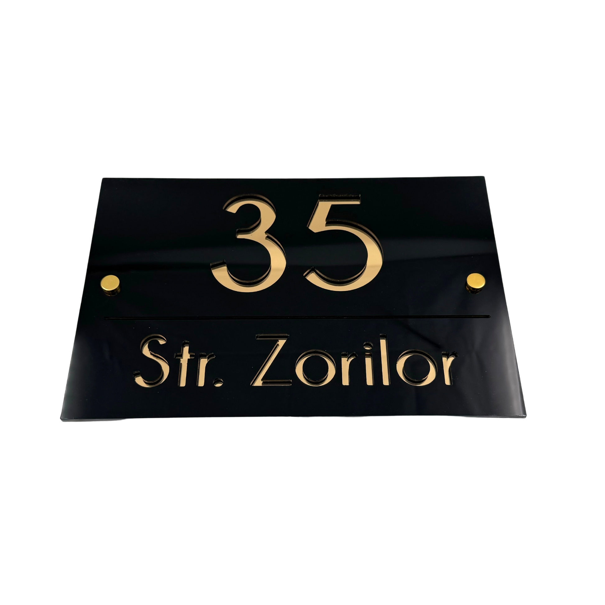 PREMIUM HOUSE NUMBER - Glossy Black Gold Mirror 2 Spacers Gold - 30×20 cm