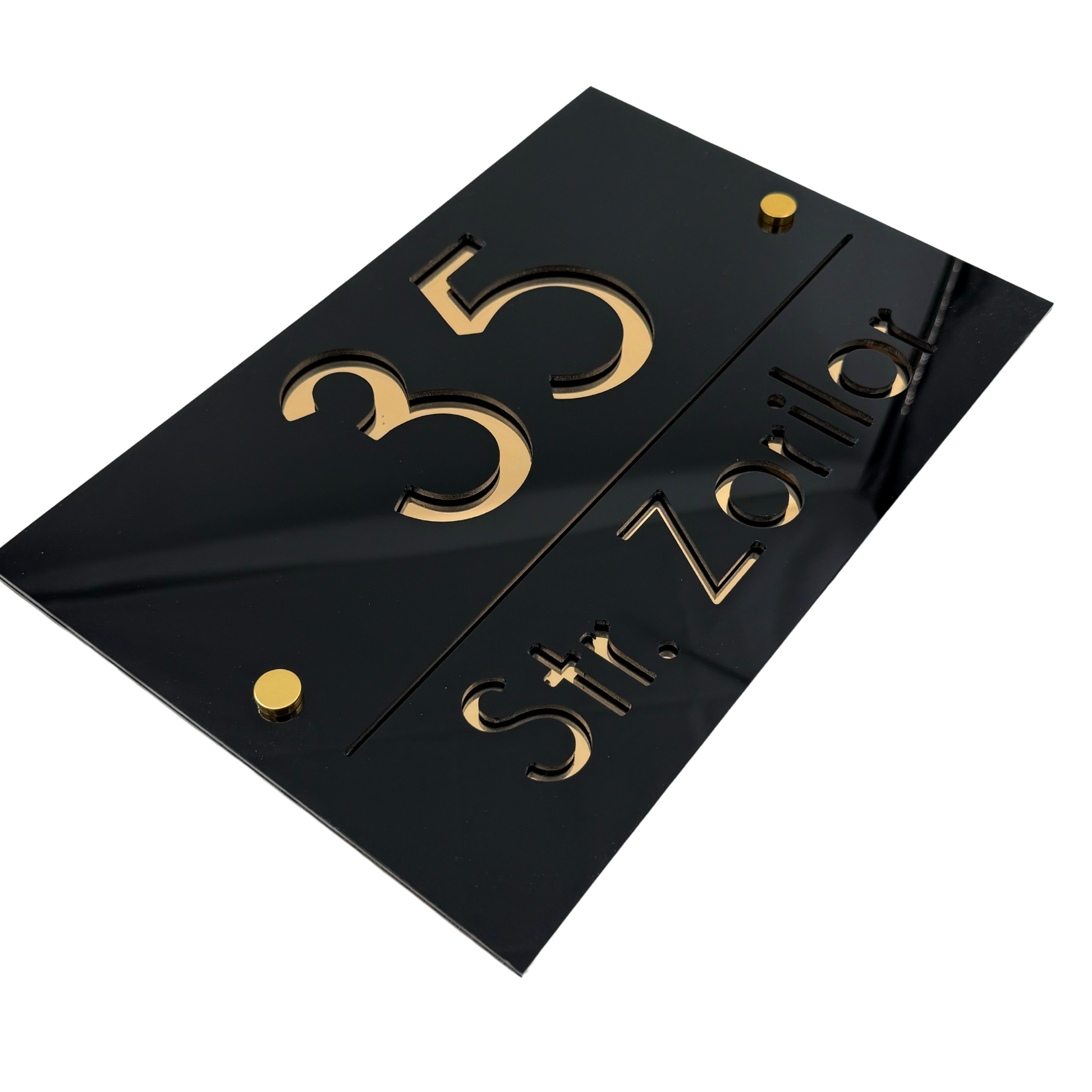PREMIUM HOUSE NUMBER - Glossy Black Gold Mirror 2 Spacers Gold - 30×20 cm