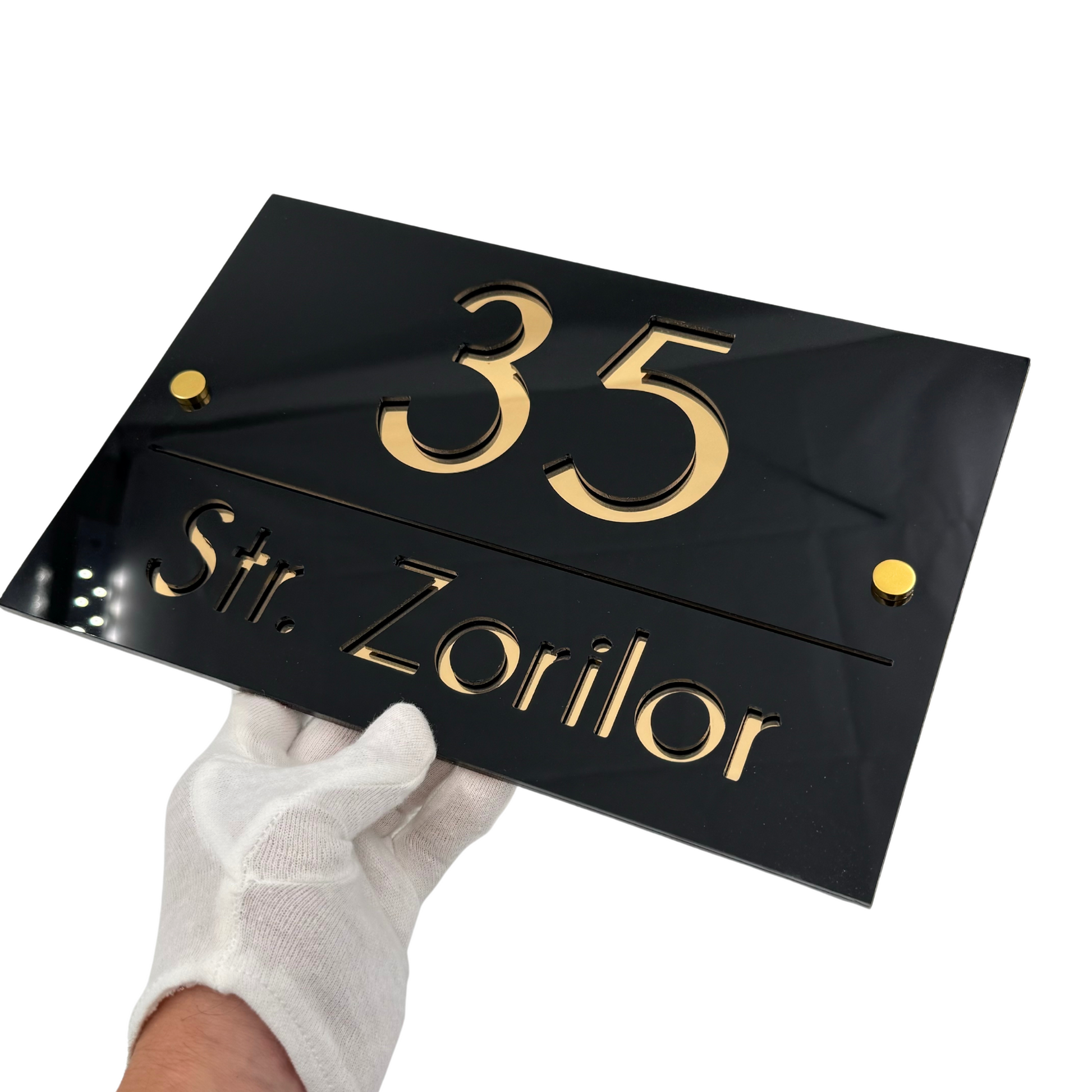 PREMIUM HOUSE NUMBER - Glossy Black Gold Mirror 2 Spacers Gold - 30×20 cm