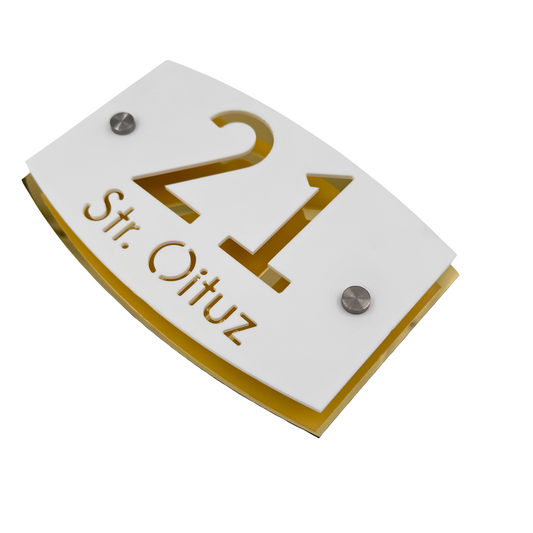 PREMIUM HOUSE NUMBER - White Satin Aluminium Gold Mirror 2 Spacers Silver - 20×13 cm