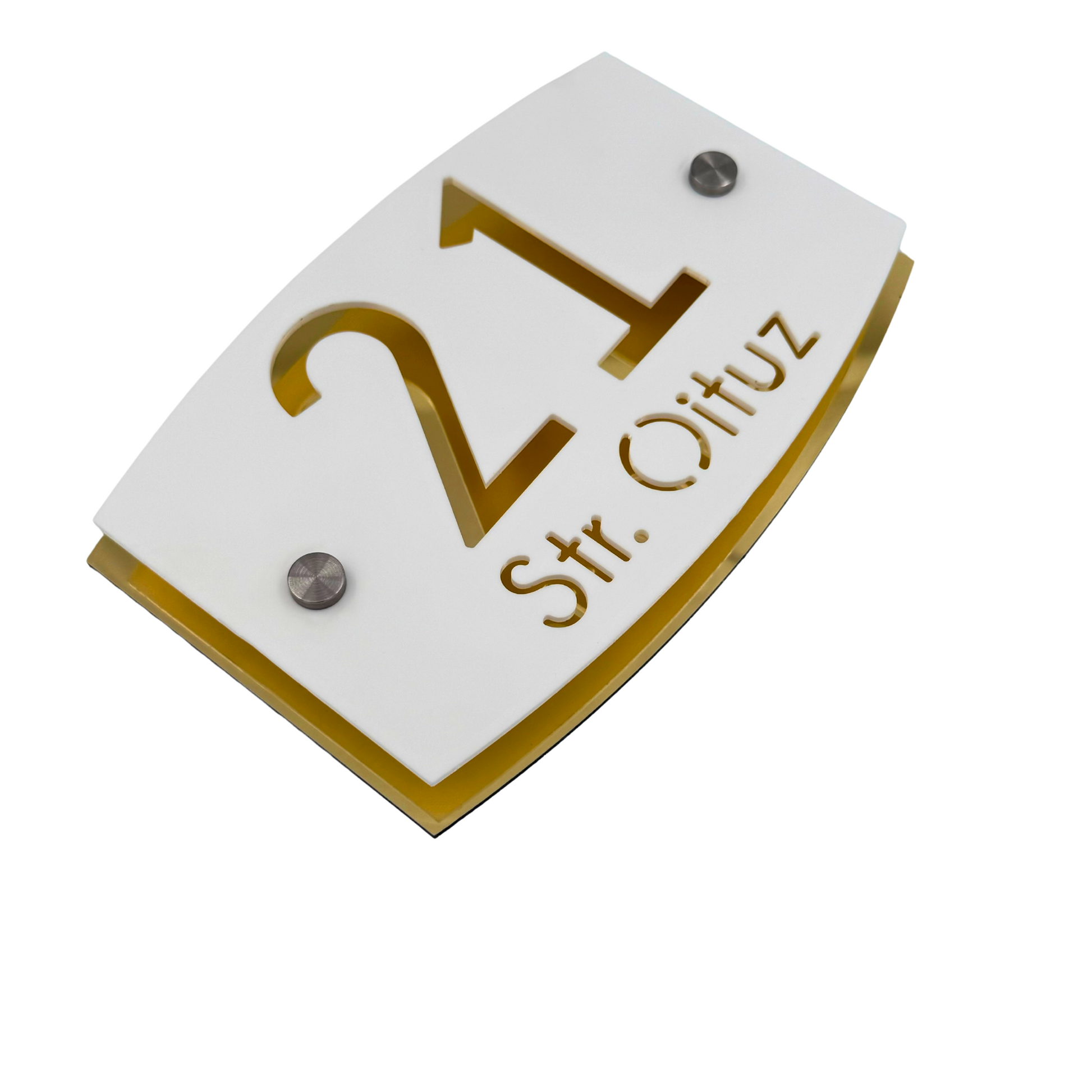 PREMIUM HOUSE NUMBER - White Satin Aluminium Gold Mirror 2 Spacers Silver - 20×13 cm