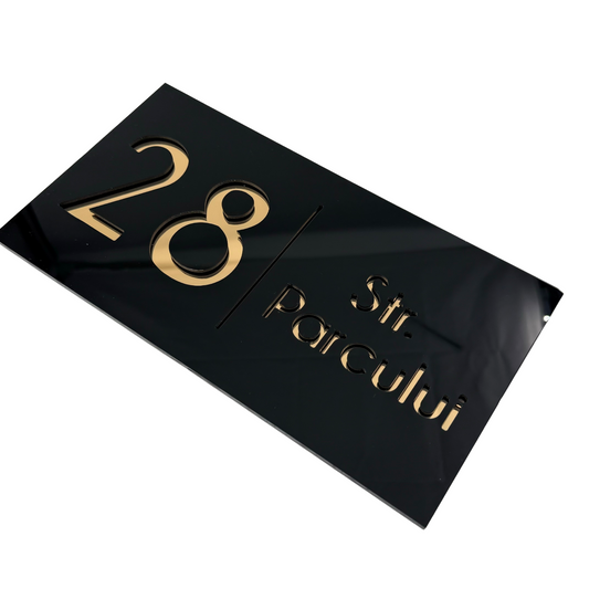 PREMIUM HOUSE NUMBER - Glossy Black Gold Mirror - 28×15 cm