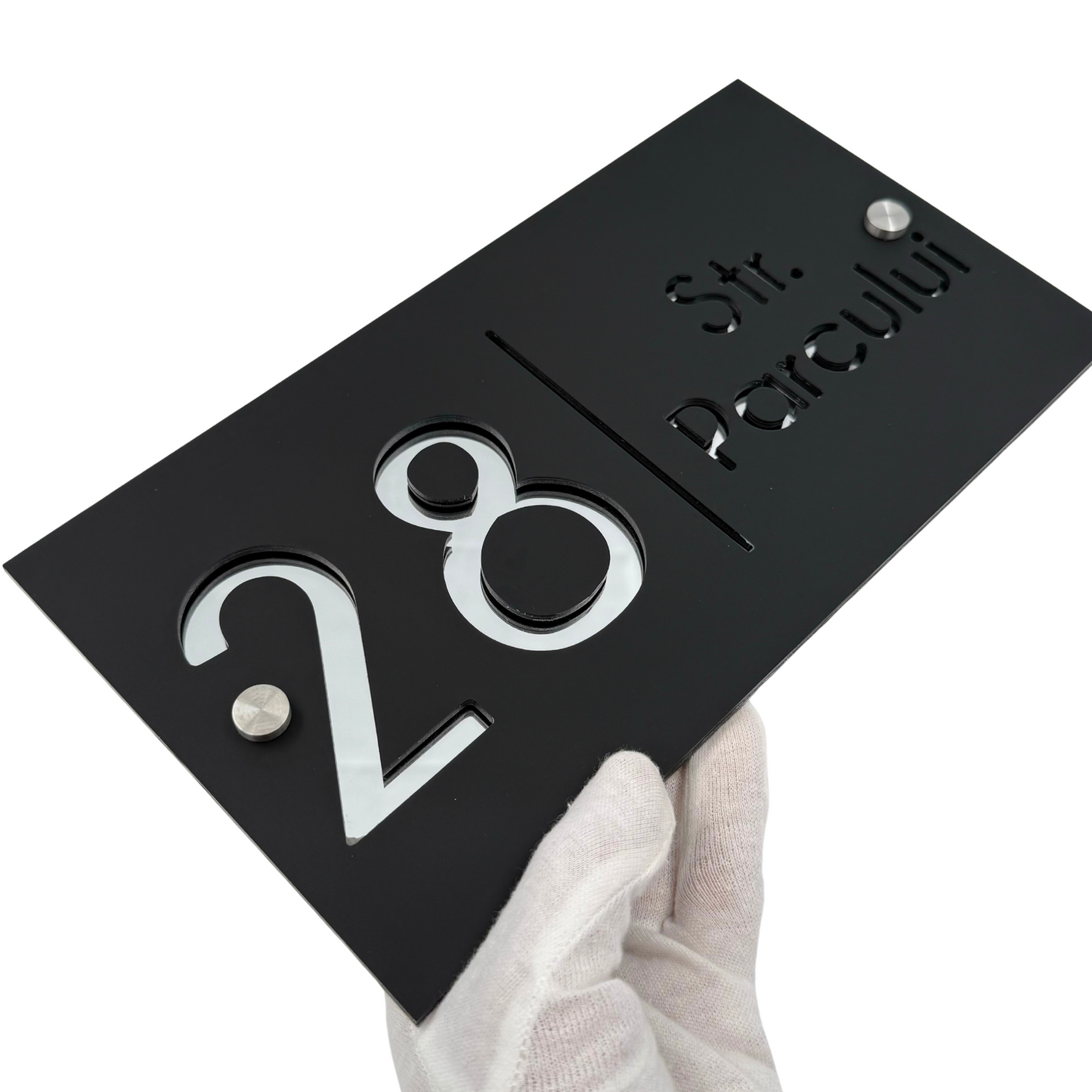 PREMIUM HOUSE NUMBER - Satin Black Silver Mirror 2 Spacers Silver - 28×15 cm