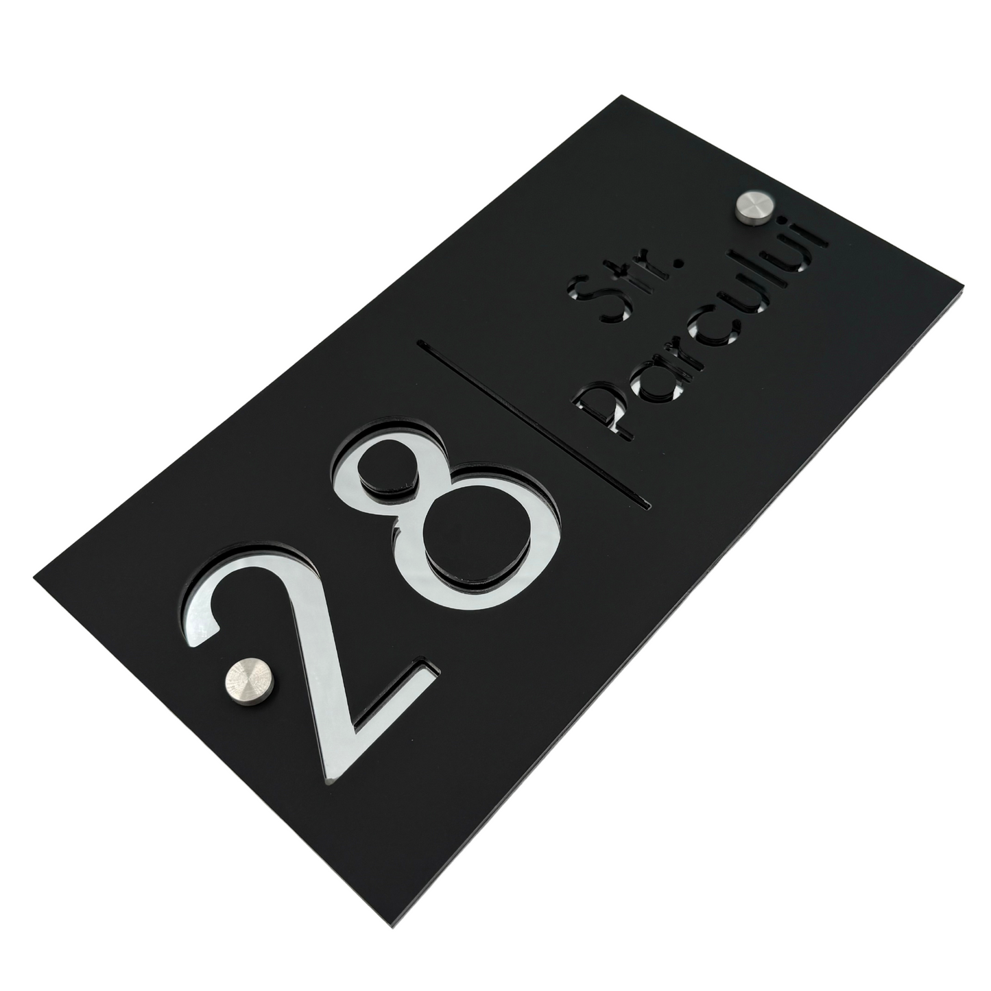 PREMIUM HOUSE NUMBER - Satin Black Silver Mirror 2 Spacers Silver - 28×15 cm