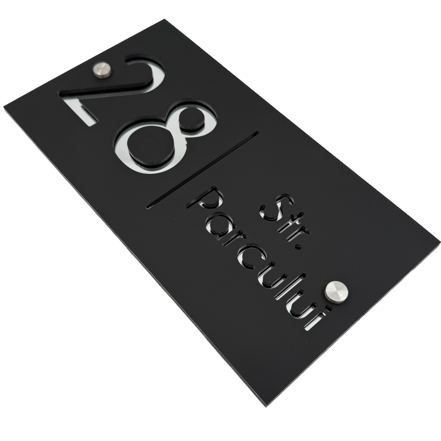 PREMIUM HOUSE NUMBER - Satin Black Silver Mirror 2 Spacers Silver - 28×15 cm