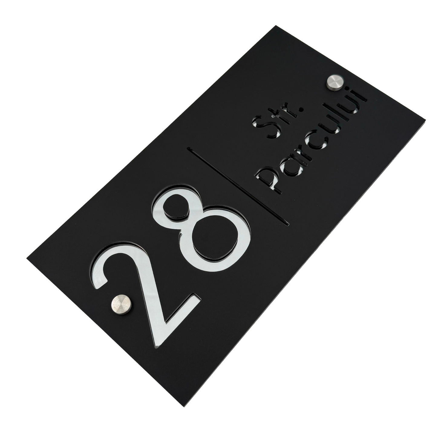 PREMIUM HOUSE NUMBER - Satin Black Silver Mirror 2 Spacers Silver - 28×15 cm