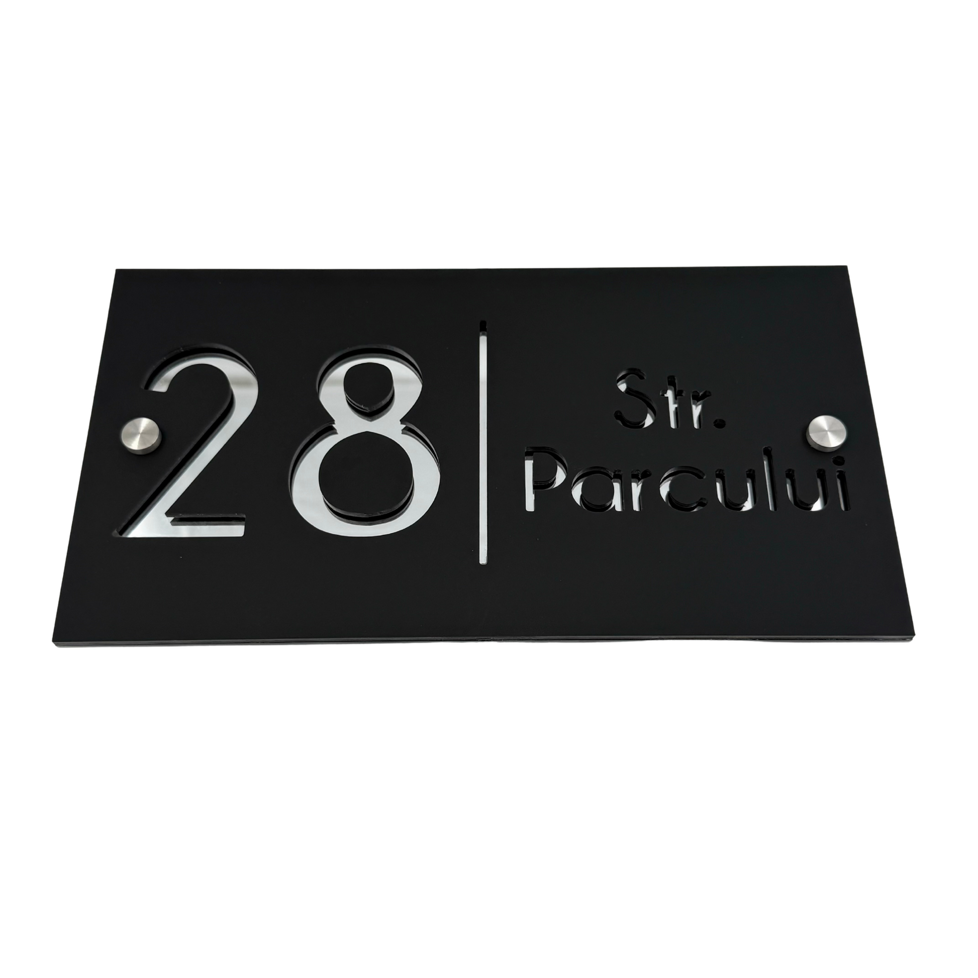 PREMIUM HOUSE NUMBER - Satin Black Silver Mirror 2 Spacers Silver - 28×15 cm