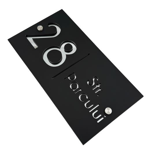 PREMIUM HOUSE NUMBER - Satin Black Silver Mirror 2 Spacers Silver - 28×15 cm