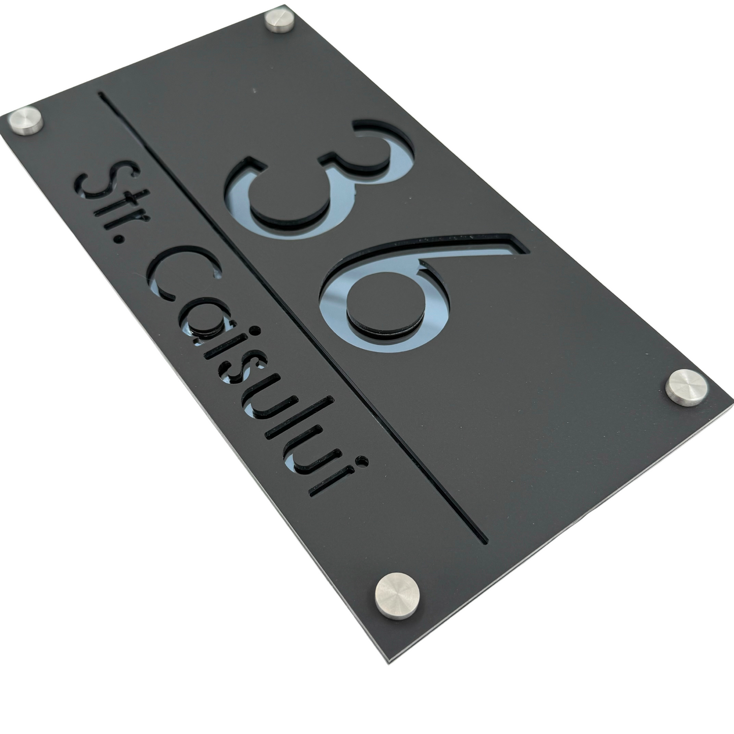 PREMIUM HOUSE NUMBER - Satin Black Anthracite Grey Mirror 4 Spacers Silver - 28×15 cm