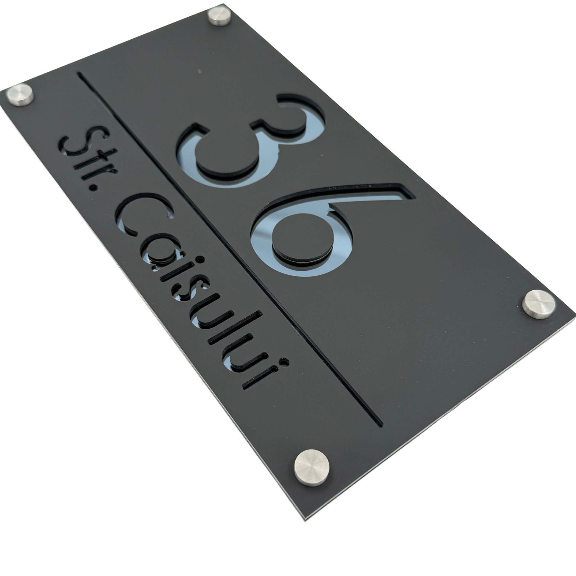 PREMIUM HOUSE NUMBER - Satin Black Anthracite Grey Mirror 4 Spacers Silver - 28×15 cm