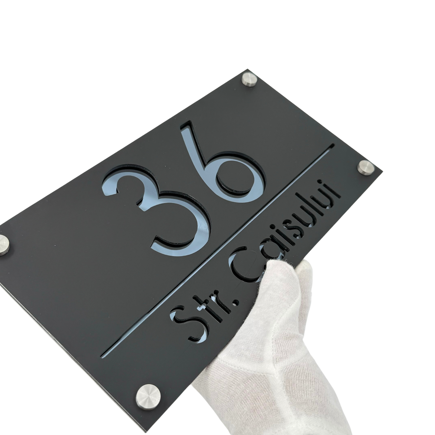 PREMIUM HOUSE NUMBER - Satin Black Anthracite Grey Mirror 4 Spacers Silver - 28×15 cm