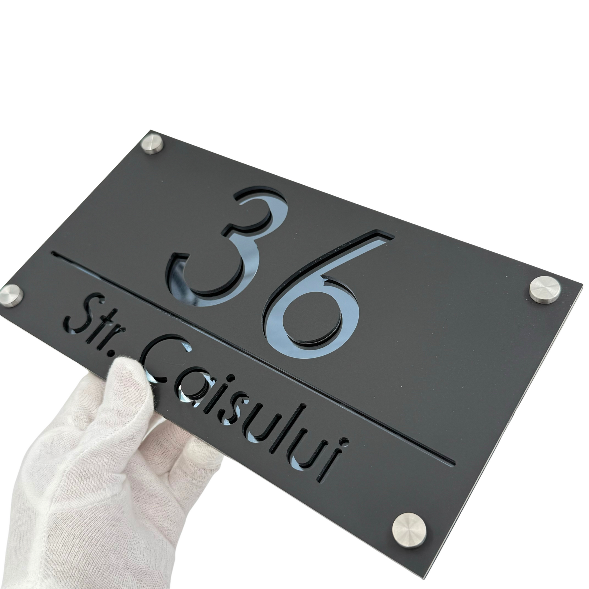 PREMIUM HOUSE NUMBER - Satin Black Anthracite Grey Mirror 4 Spacers Silver - 28×15 cm