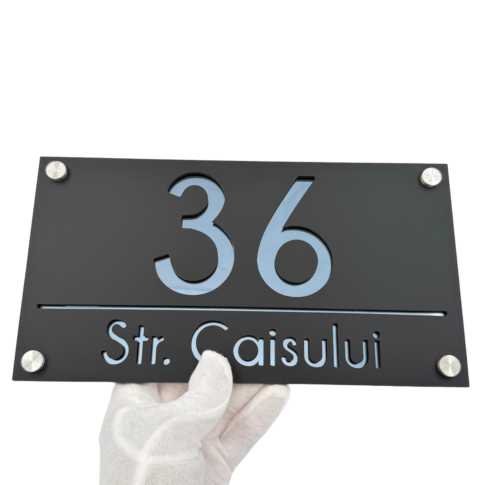 PREMIUM HOUSE NUMBER - Satin Black Anthracite Grey Mirror 4 Spacers Silver - 28×15 cm