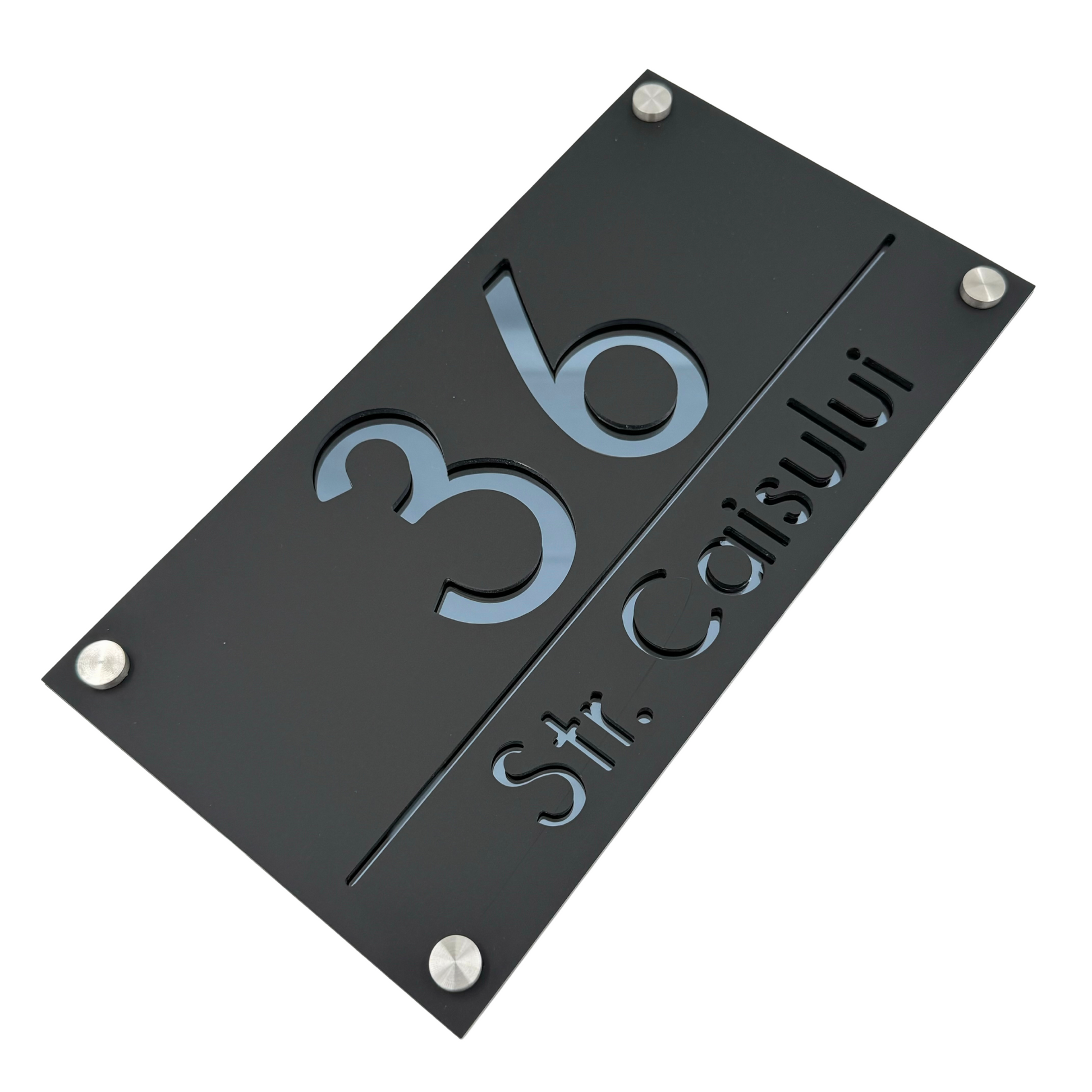 PREMIUM HOUSE NUMBER - Satin Black Anthracite Grey Mirror 4 Spacers Silver - 28×15 cm
