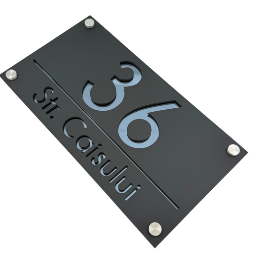 PREMIUM HOUSE NUMBER - Satin Black Anthracite Grey Mirror 4 Spacers Silver - 28×15 cm