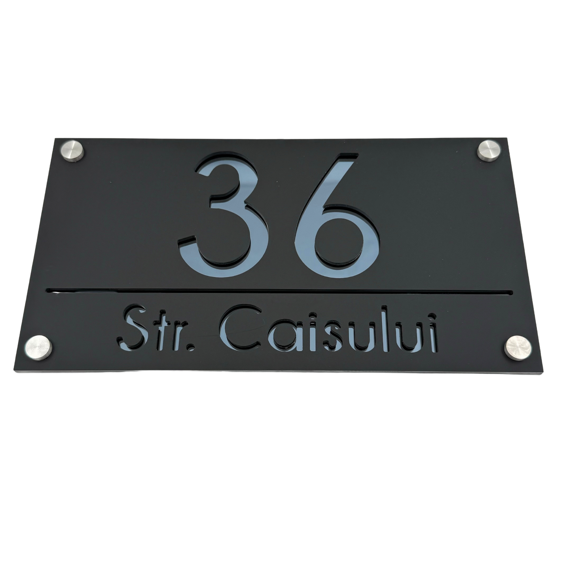 PREMIUM HOUSE NUMBER - Satin Black Anthracite Grey Mirror 4 Spacers Silver - 28×15 cm