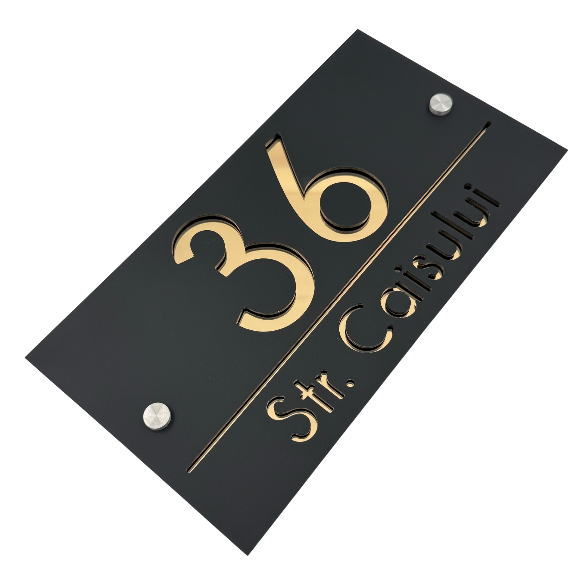 PREMIUM HOUSE NUMBER - Satin Black Gold Mirror 2 Spacers Silver - 28×15 cm