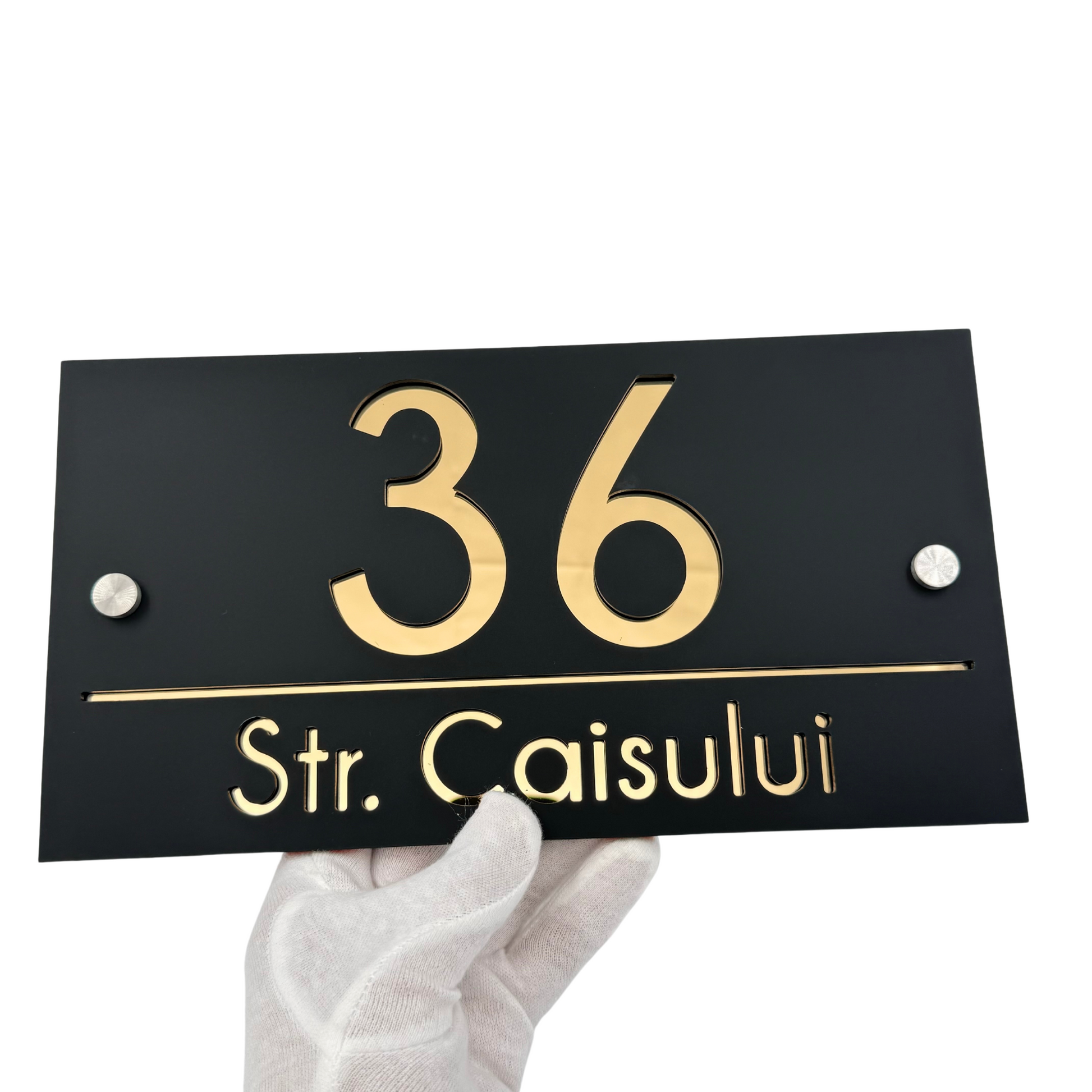 PREMIUM HOUSE NUMBER - Satin Black Gold Mirror 2 Spacers Silver - 28×15 cm