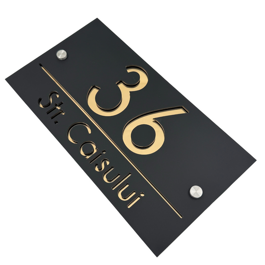 PREMIUM HOUSE NUMBER - Satin Black Gold Mirror 2 Spacers Silver - 28×15 cm