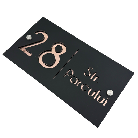 PREMIUM HOUSE NUMBER - Satin Black Rose Gold Mirror 2 Spacers Silver - 28×15 cm