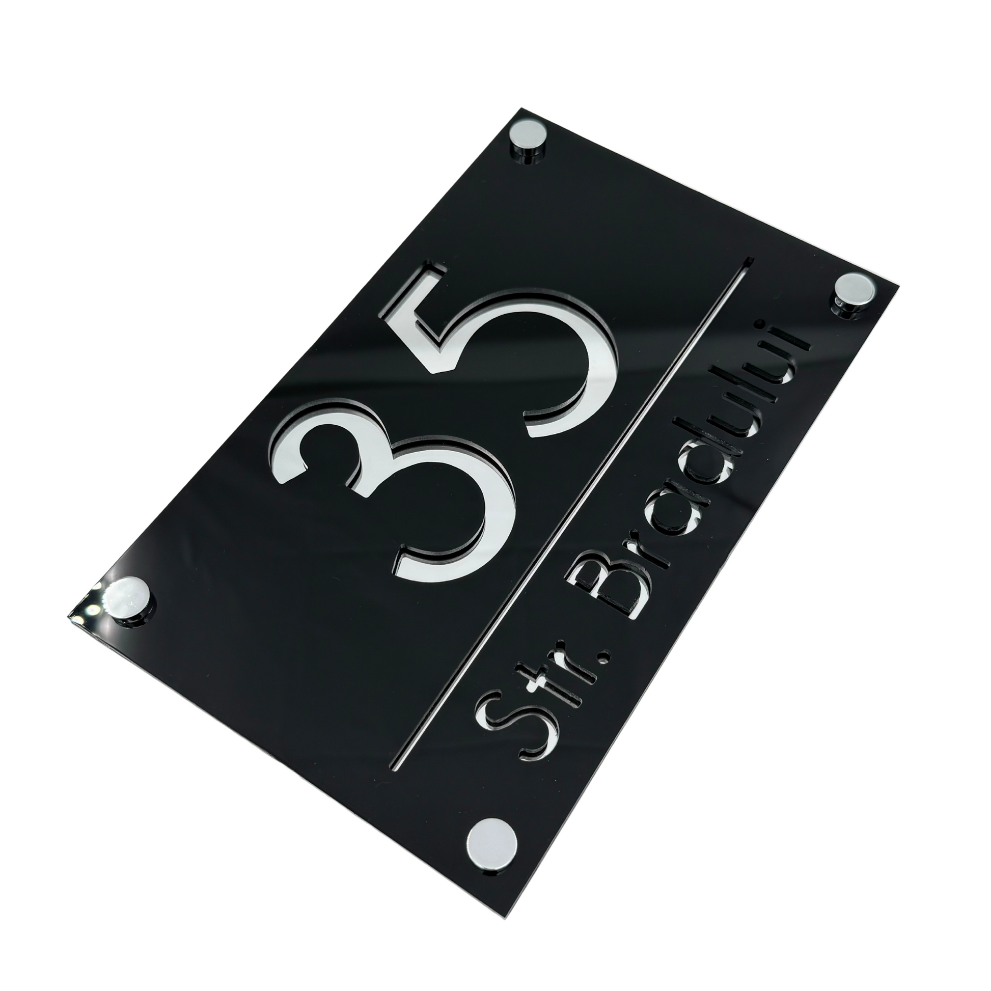 PREMIUM HOUSE NUMBER - Glossy Black Silver Mirror 4 Spacers Silver - 24×15 cm