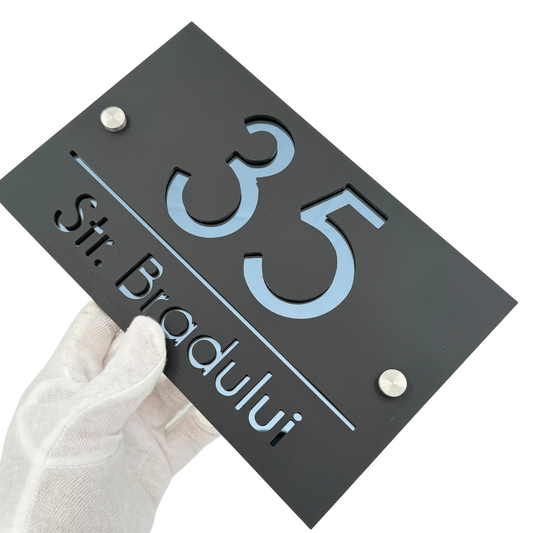 PREMIUM HOUSE NUMBER - Satin Black Anthracite Grey Mirror 2 Spacers Silver - 24×15 cm