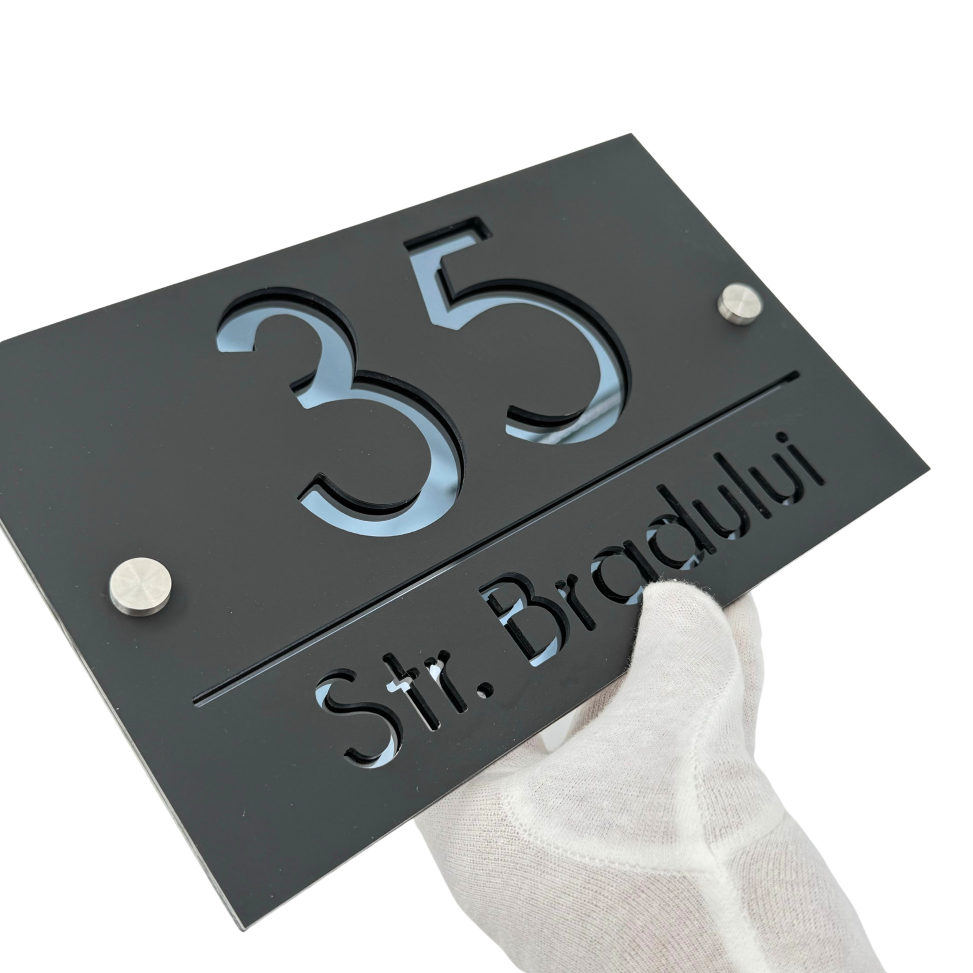 PREMIUM HOUSE NUMBER - Satin Black Anthracite Grey Mirror 2 Spacers Silver - 24×15 cm