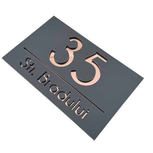 PREMIUM HOUSE NUMBER - Satin Grey Rose Gold Mirror - 24×15 cm
