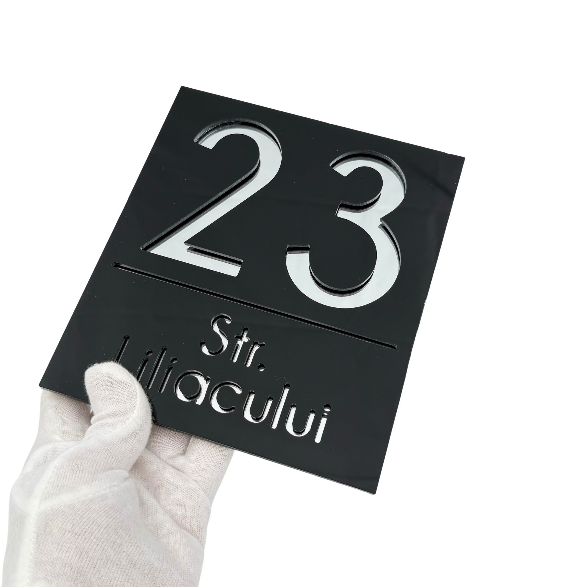 PREMIUM HOUSE NUMBER - Glossy Black Silver Mirror - 18×16 cm