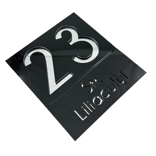PREMIUM HOUSE NUMBER - Glossy Black Silver Mirror - 18×16 cm