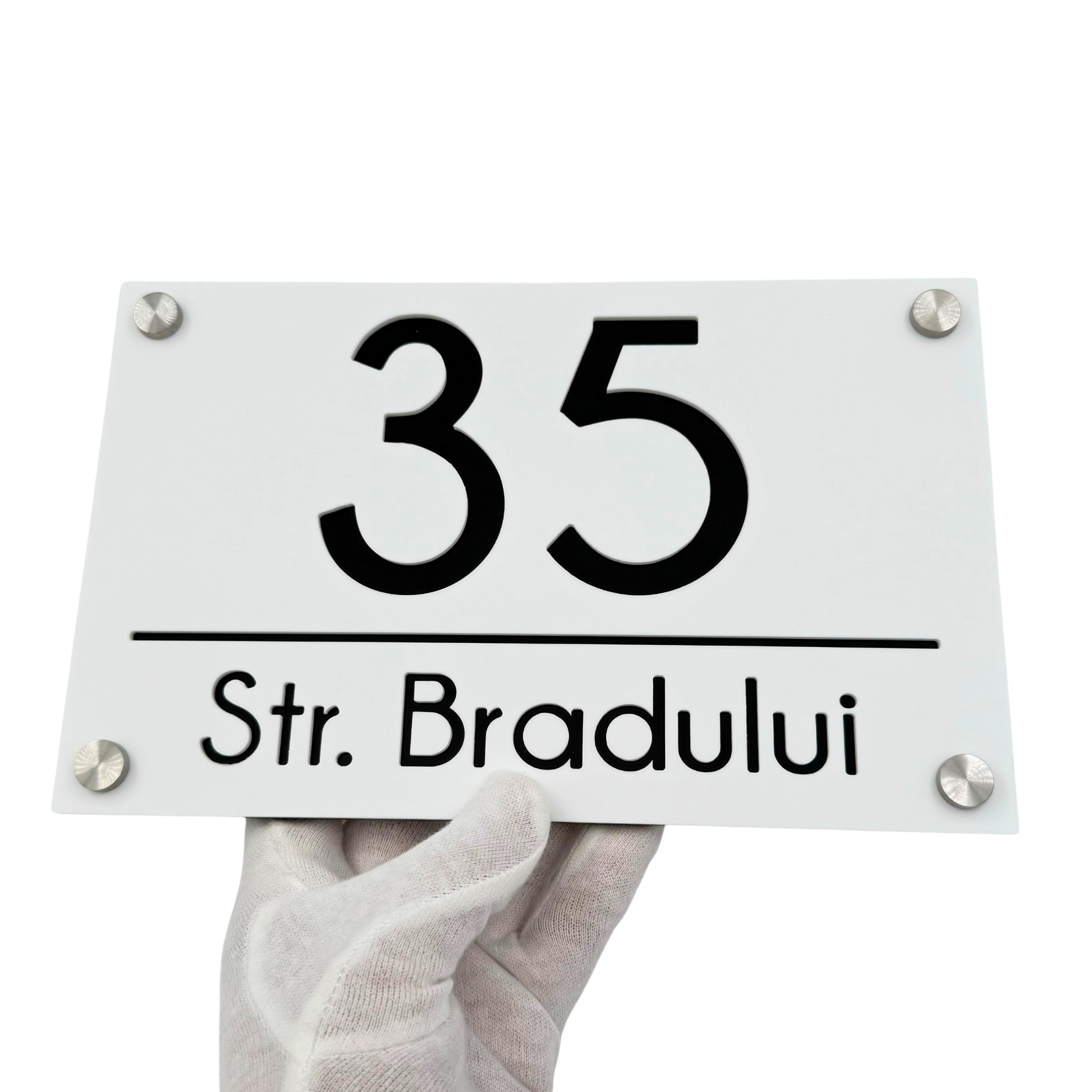 PREMIUM HOUSE NUMBER - White Satin Black Mirror 4 Spacers Silver - 24×15 cm