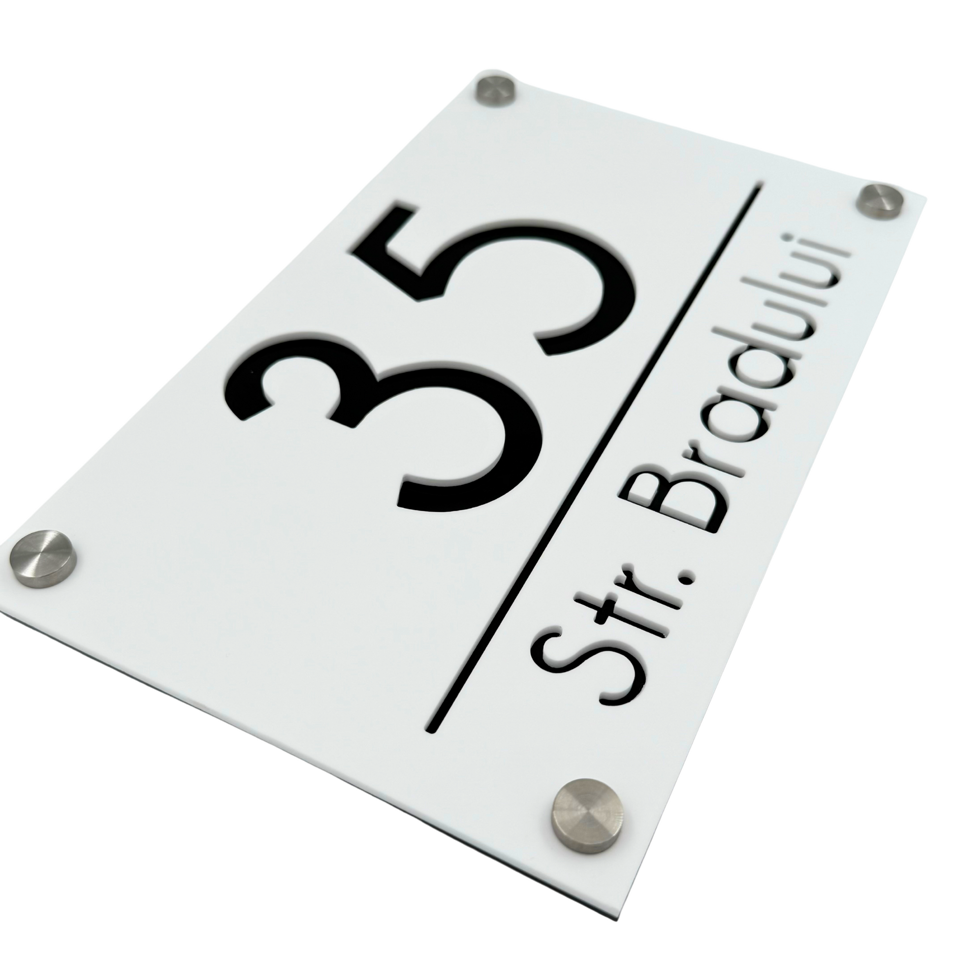 PREMIUM HOUSE NUMBER - White Satin Black Mirror 4 Spacers Silver - 24×15 cm