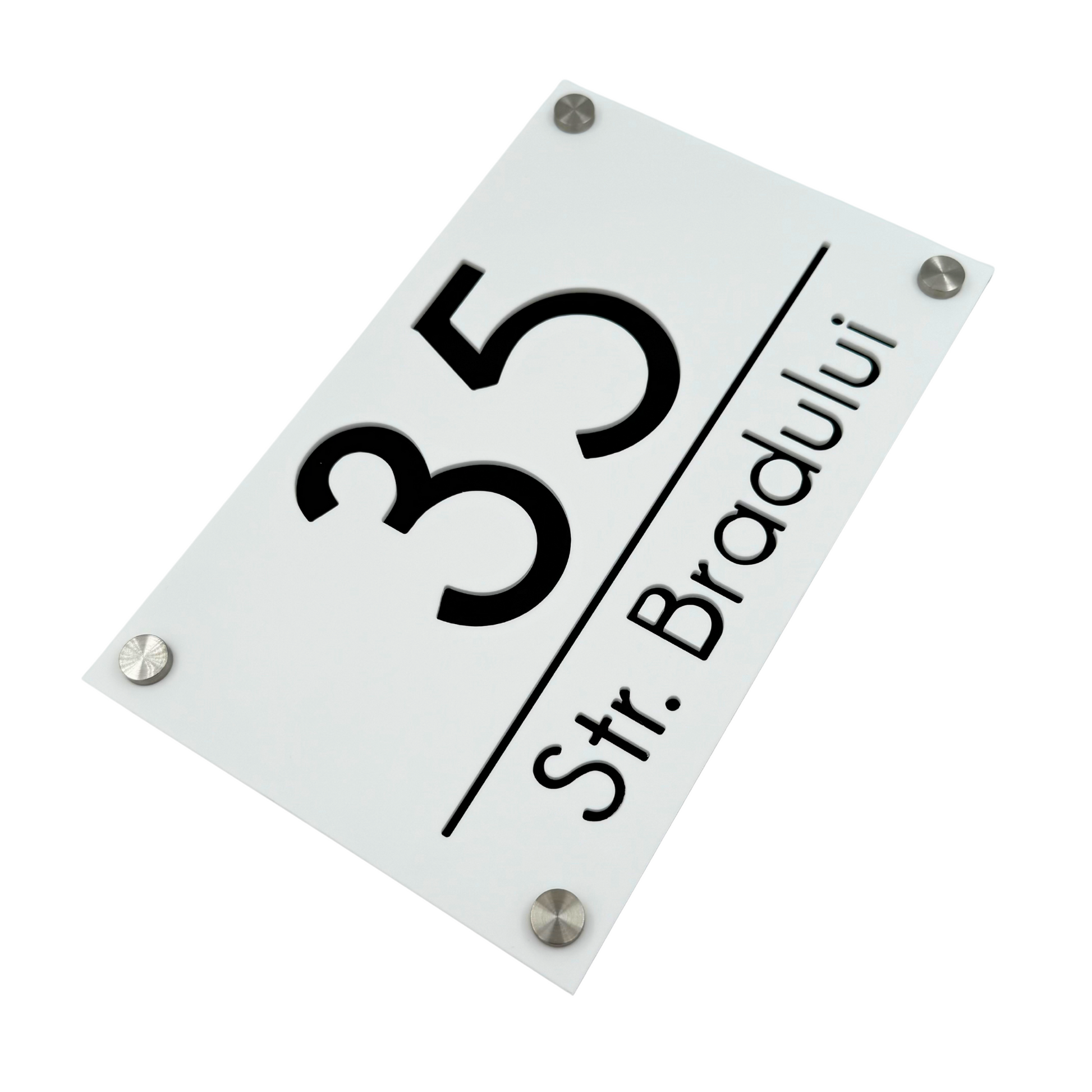 PREMIUM HOUSE NUMBER - White Satin Black Mirror 4 Spacers Silver - 24×15 cm