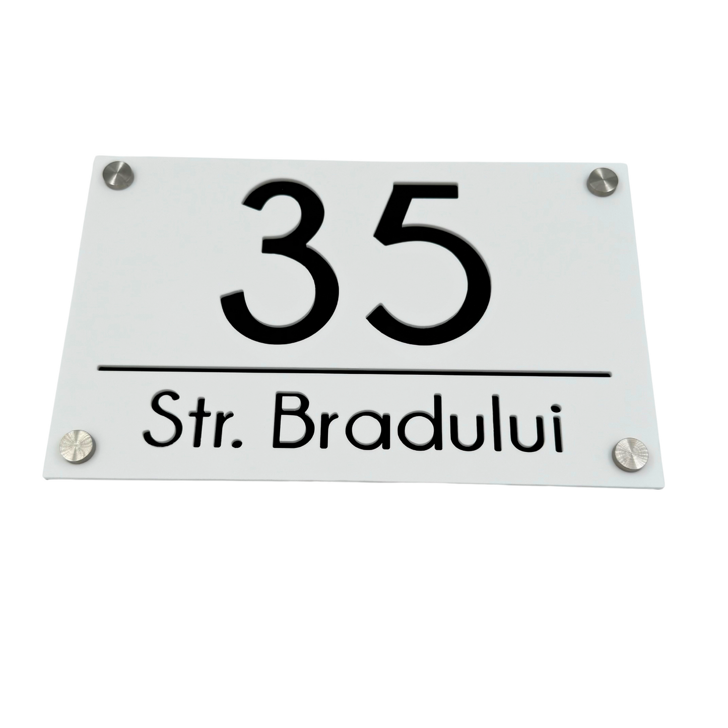 PREMIUM HOUSE NUMBER - White Satin Black Mirror 4 Spacers Silver - 24×15 cm