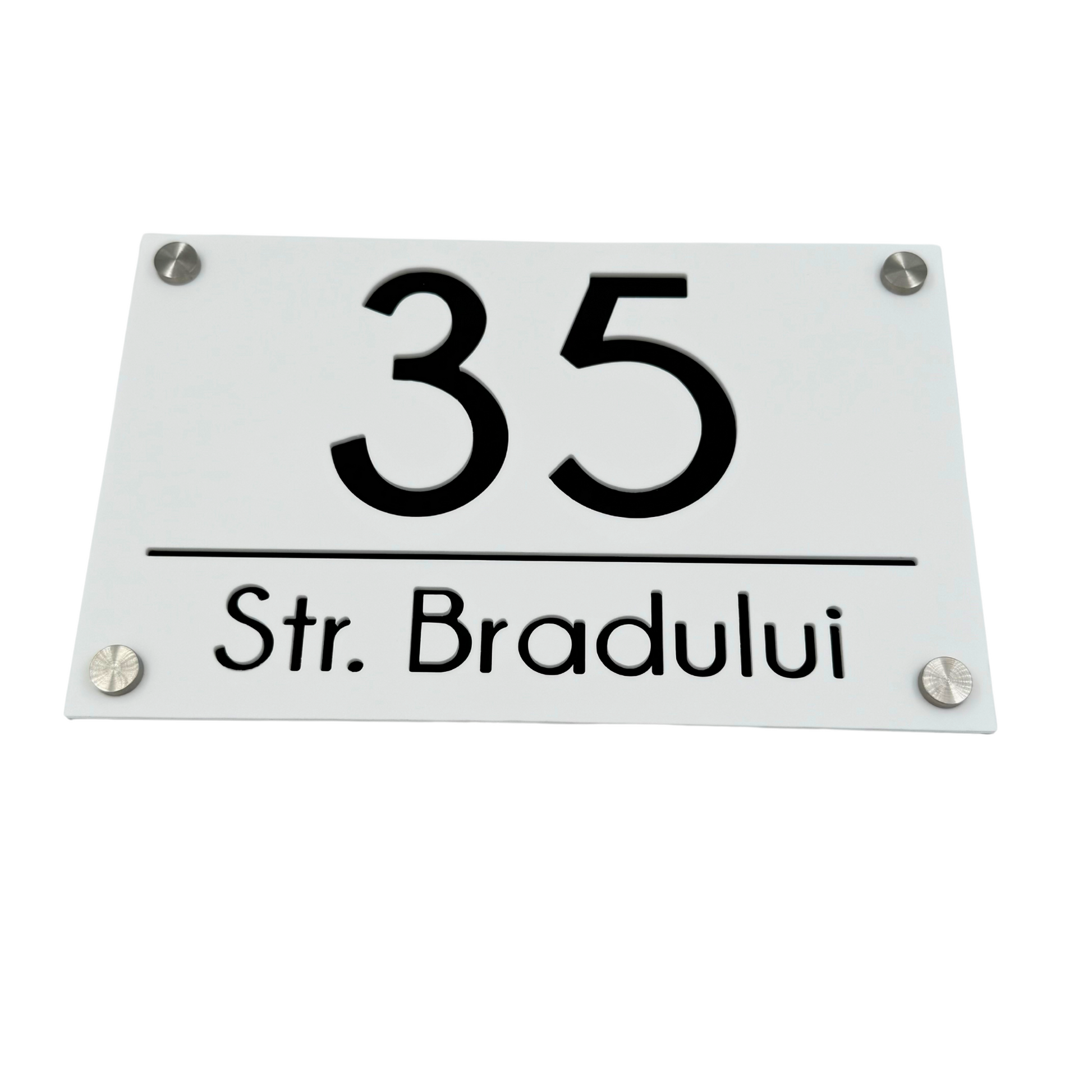 PREMIUM HOUSE NUMBER - White Satin Black Mirror 4 Spacers Silver - 24×15 cm