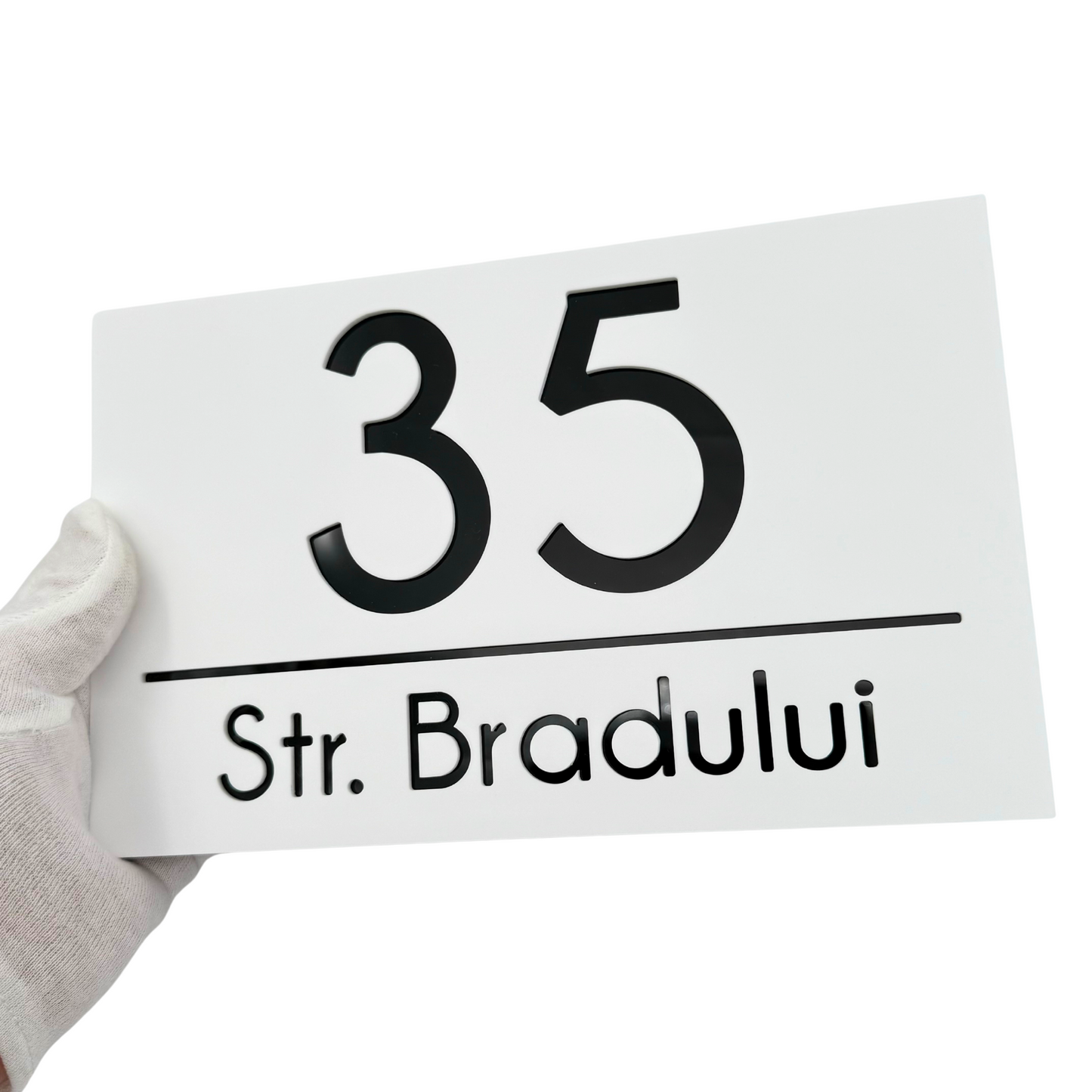 PREMIUM HOUSE NUMBER - White Satin Glossy Black - 24×15 cm
